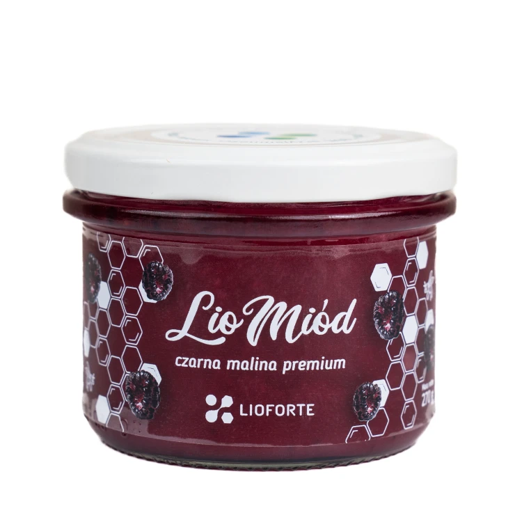 miód_czarna_malina_liofilizowana_Lioforte_słoik_270g