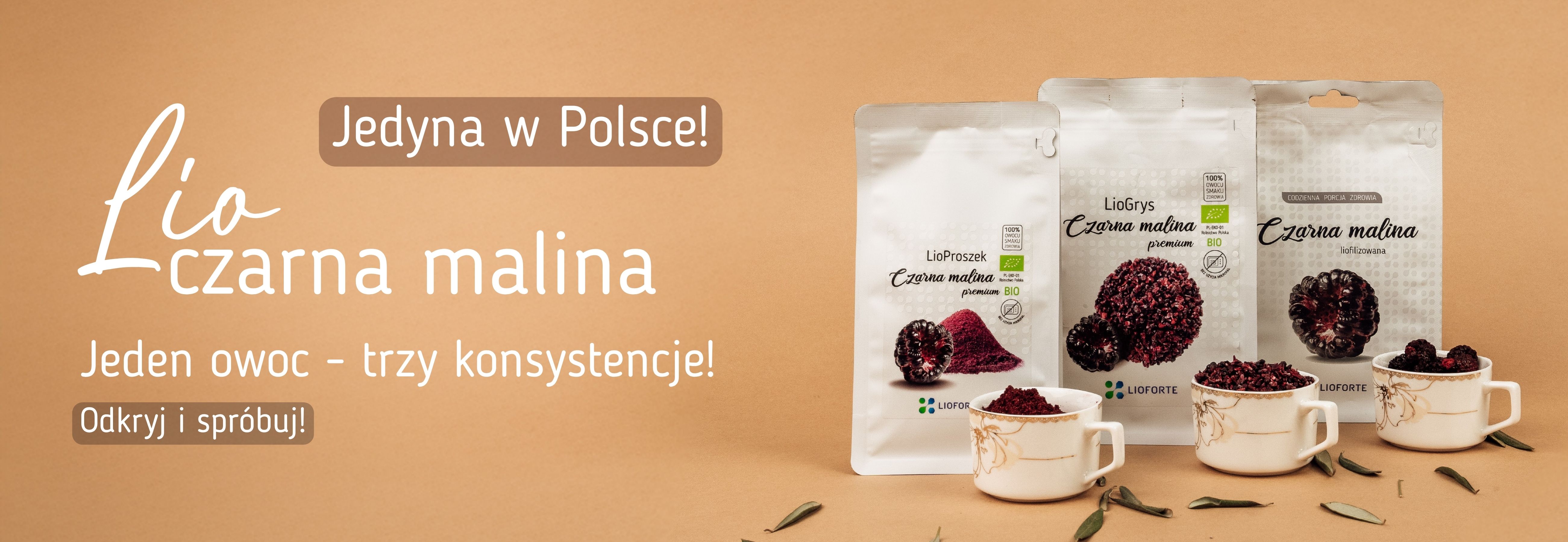 Liofilizowana czarna malina Lioforte w trzech formach: proszek, grys i całe owoce