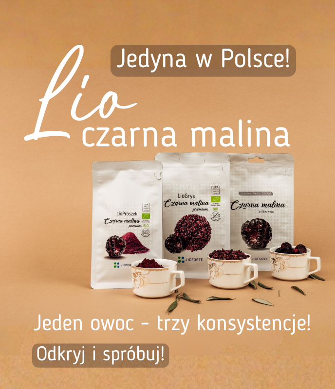 Liofilizowana czarna malina Lioforte w trzech formach: proszek, grys i całe owoce